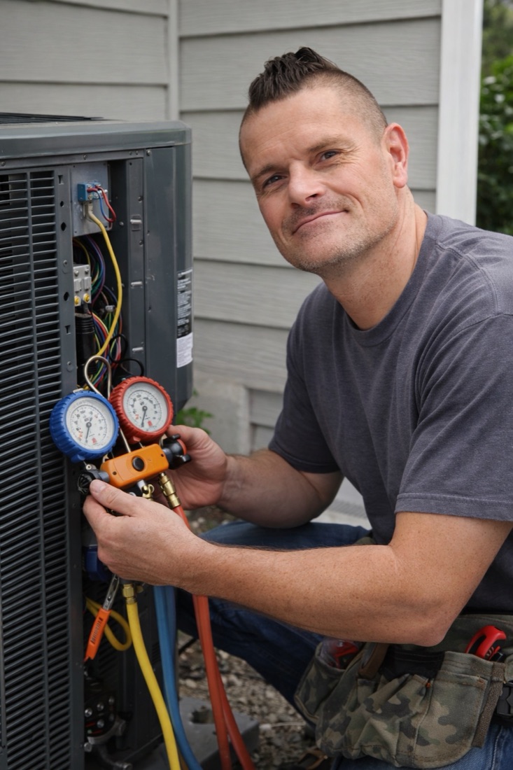 James Hussey, owner of The Shield Mechanical, checking AC pressure gauges on a service call
